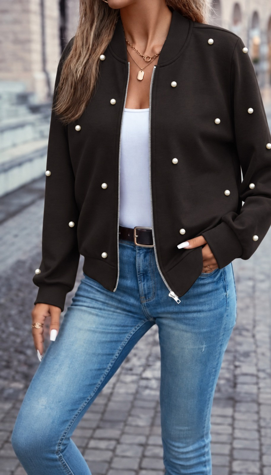 Girince 194585 Women’s Long-Sleeve Pearl-Detail Cropped Modal Jacket