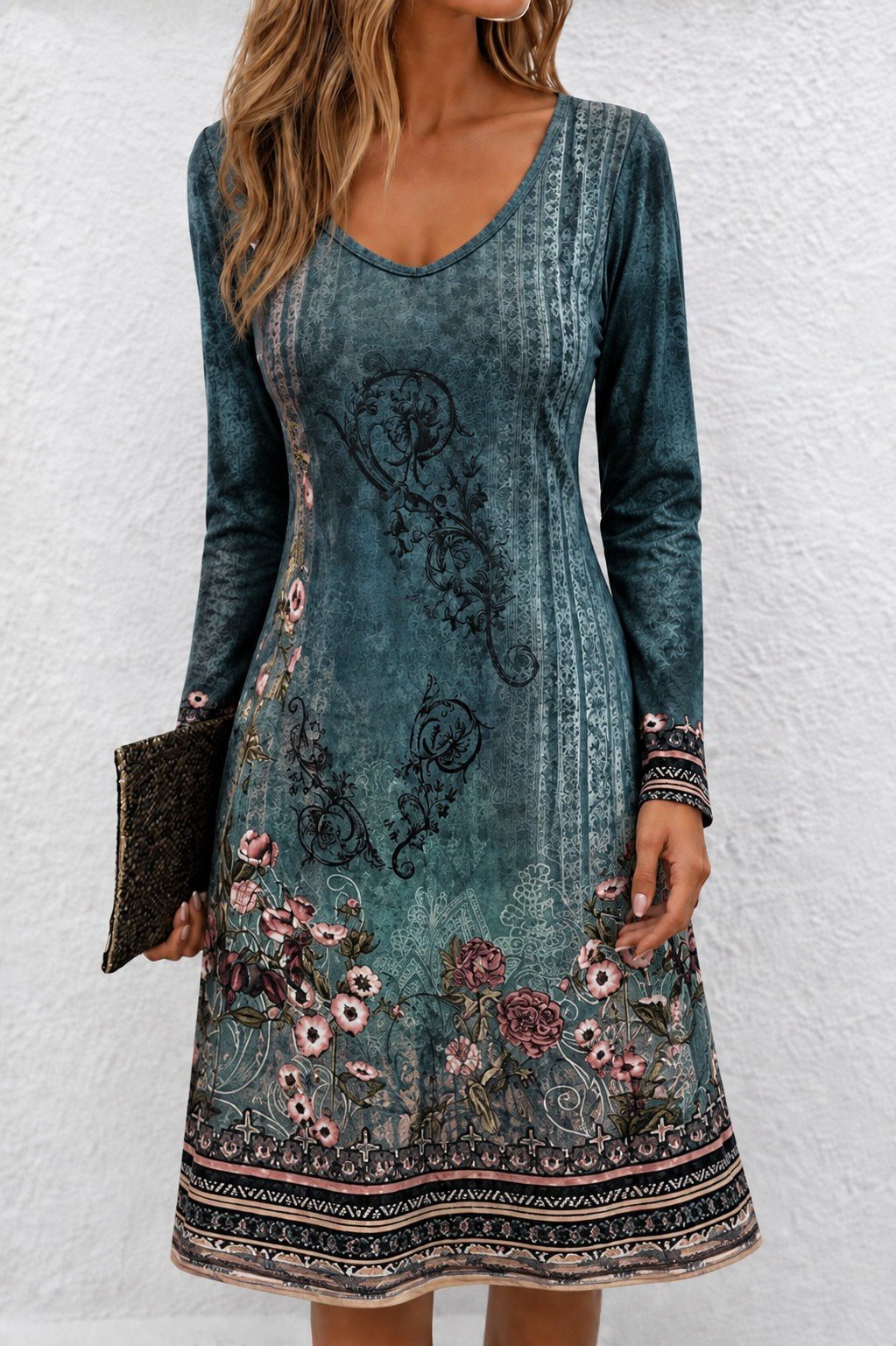 Girince 194399 Women's Long-Sleeve V-Neck Floral Midi Dress