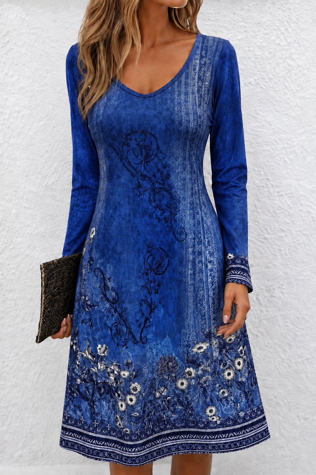 Girince 194398 Women's Long-Sleeve V-Neck Floral Midi Dress