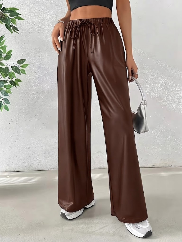 Girince 194301 Women's High-Waisted Wide-Leg Leather Trousers