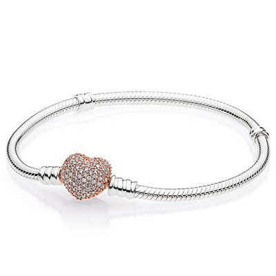 Pandora Moments Gümüş Bileklik, Rose Pave Kalp Klipsli 586292CZ Gümüş/rose
