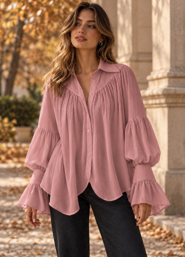 Girince 194167 Women's Crinkle Shirt with Balloon Sleeves
