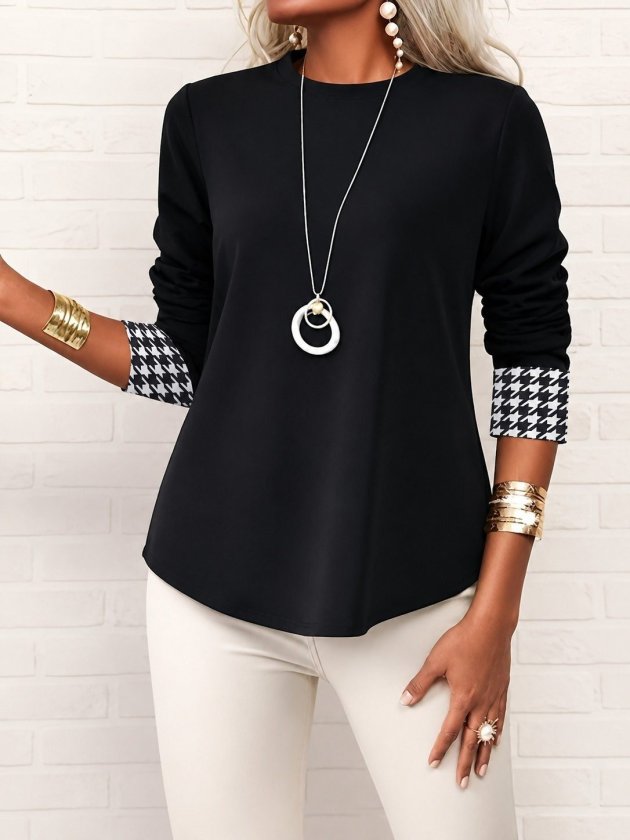 Girince 193462 Women's Long-Sleeve Houndstooth-Detail Modal Blouse
