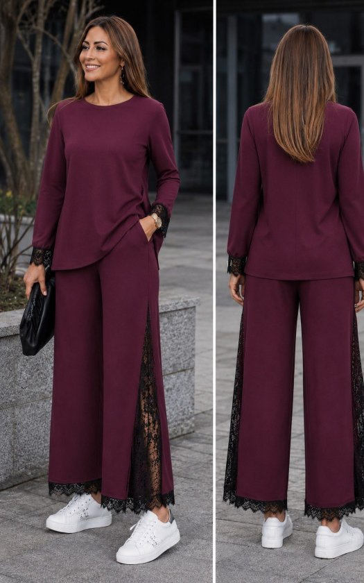 Girince 193382 Women's Lace-Detail Blouse and Trousers Set