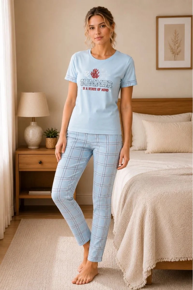 Pamuklu Penye Baskılı Kısa Kollu Bisiklet Yaka Ekose Desenli Pijama Takımı - Mavi