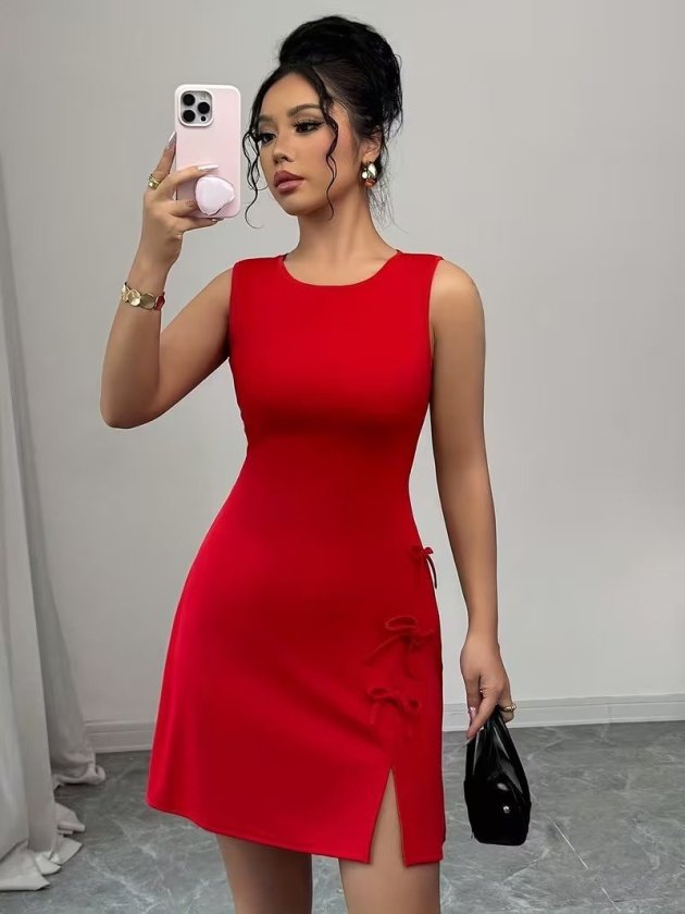 Girince 192408 Women's Strappy Round-Neck Slit Dress