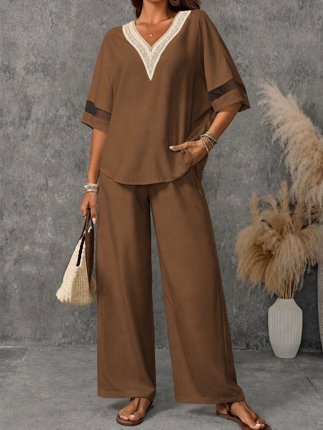 Girince 192381 Women's Short-Sleeve V-Neck Lace-Trim Blouse and Trousers Set