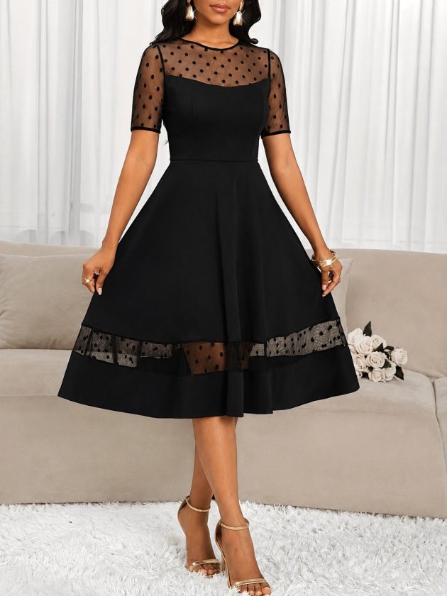 Girince 192374 Women's Short-Sleeve Polka-Dot Midi Dress