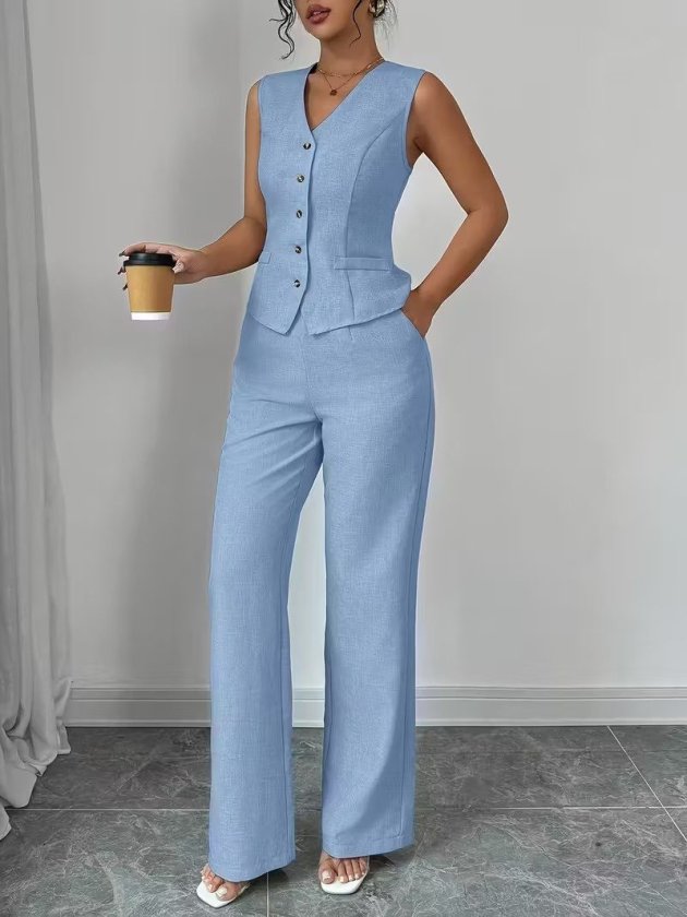Girince 192044 Women's Linen Co-ord Set with Strappy Button-Front Top and Trousers