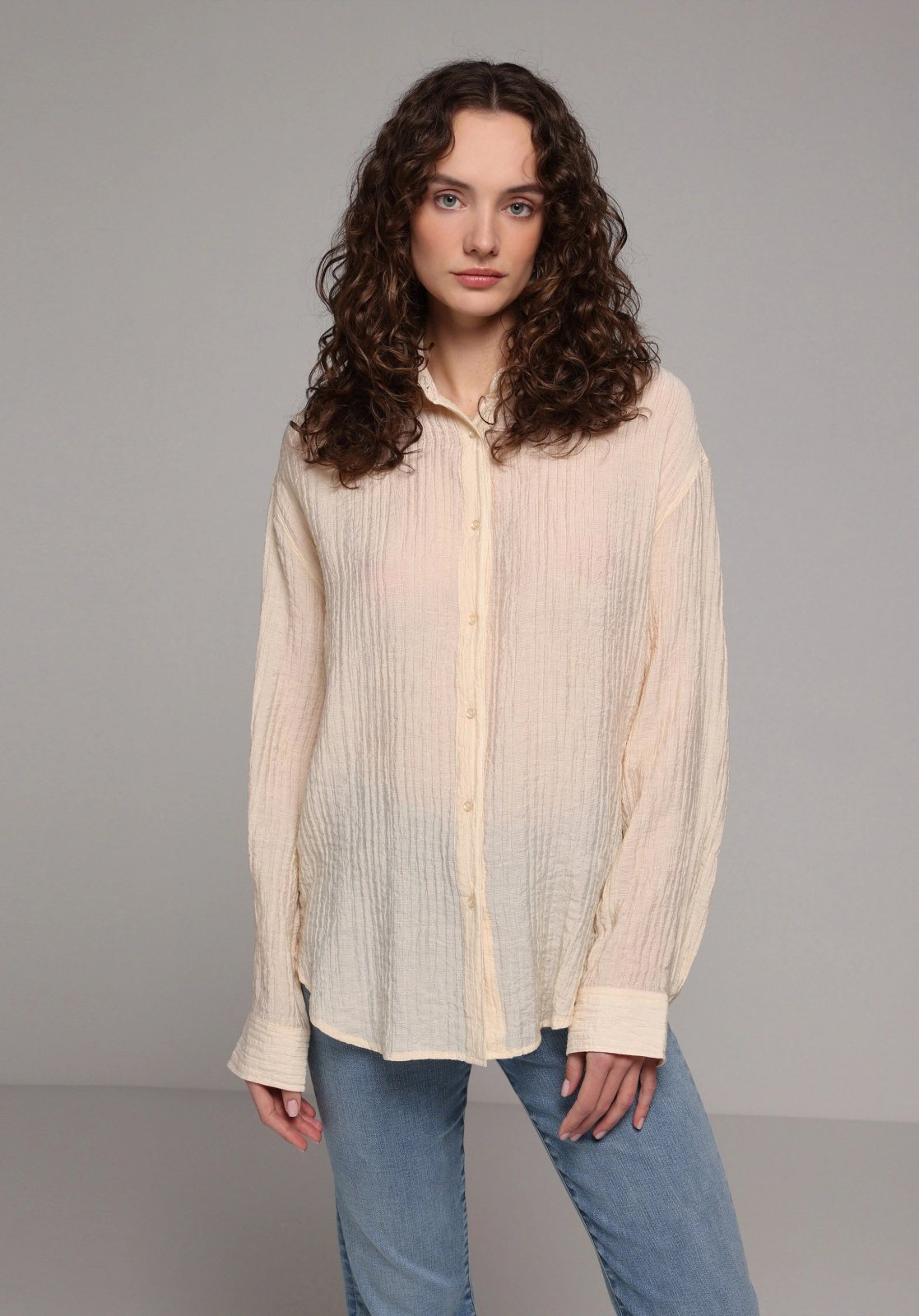 Dokuma Üst Kadın Uzun Kol Gömlek Oversize Fit