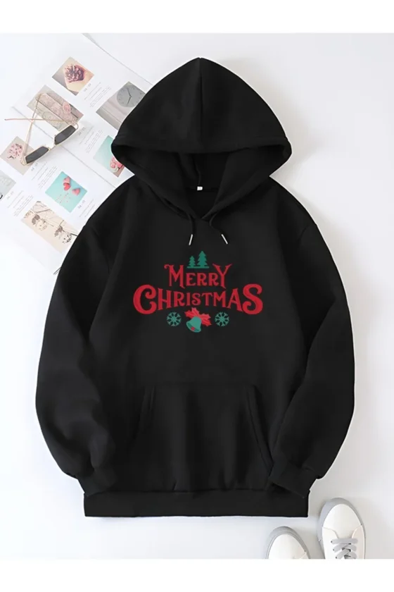 Girince 191106 Чёрное худи оверсайз с принтом Merry Christmas