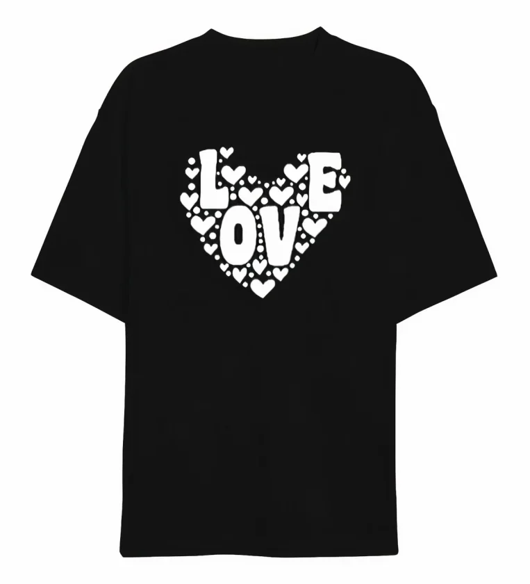 Girince 191100 Black Oversized Love Heart Print T-Shirt