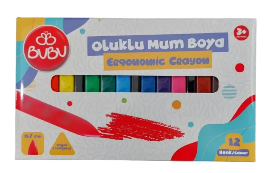 Bubu Kırtasiye Grooved Wax Crayons, 12 Colors