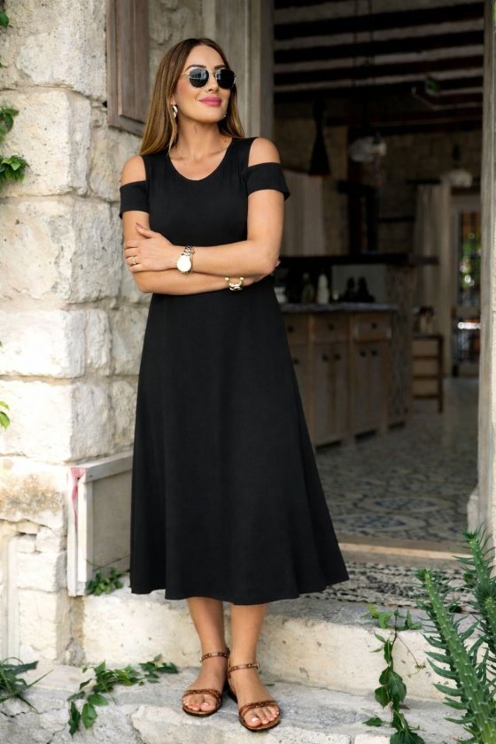 Girince 190455 Women's Viscose Midi Dress with Open Shoulders