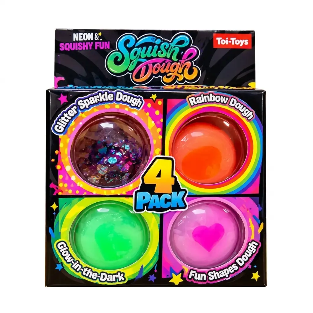 Toi-Toys Squish Dough, набор из 4 блестящих и неоновых масс для лепки