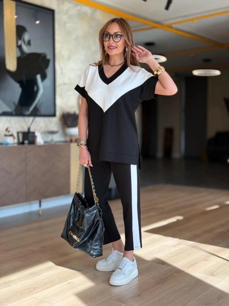 Girince 190399 Women's Short-Sleeve V-Neck Blouse and Trousers Set