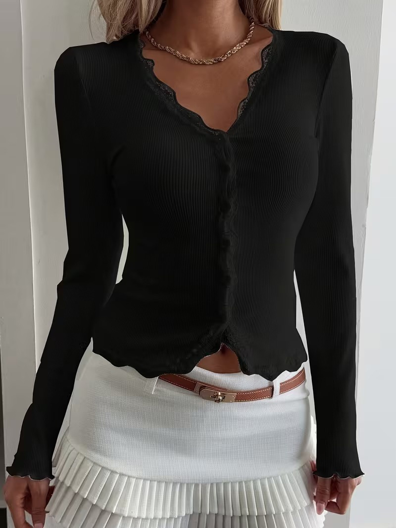 FashionWe 195519 Women's Long-Sleeve Button-Front Ribbed Blouse with Lace V-Neck