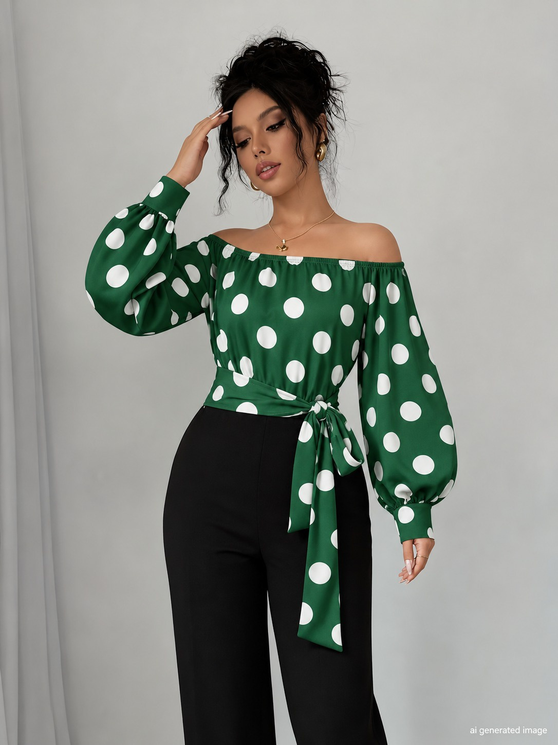 FashionWe 195518 Women's Madonna-Collar Blouse and Crepe Trousers