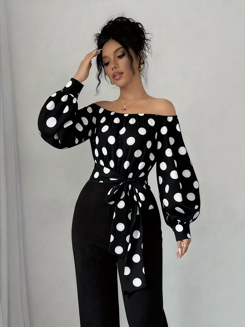 FashionWe 195517 Women's Madonna-Collar Blouse and Crepe Trousers