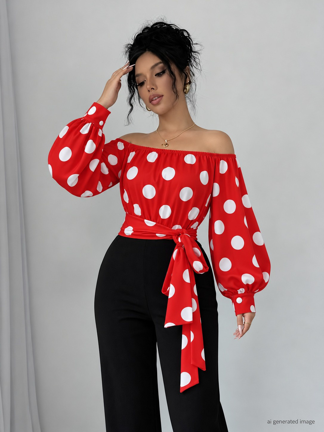 FashionWe 195516 Women's Madonna-Collar Blouse and Crepe Trousers