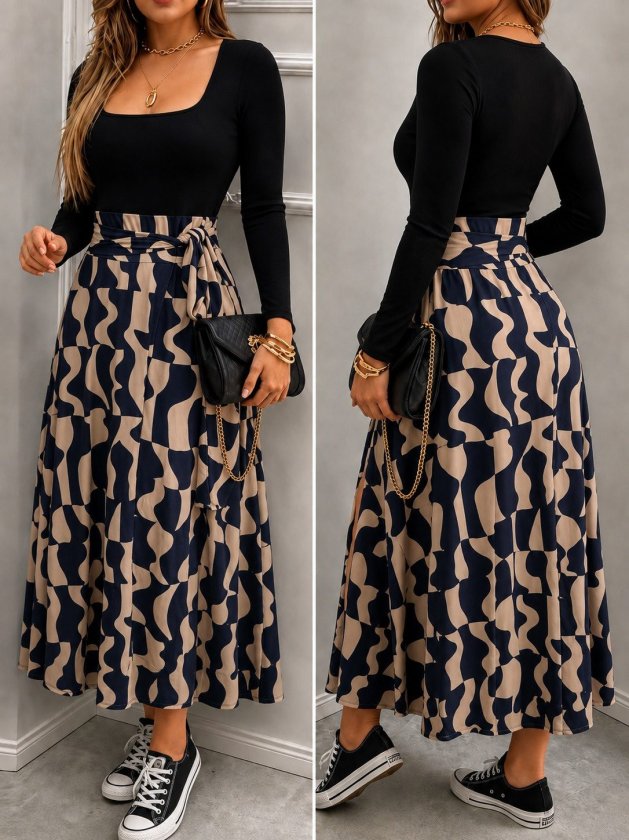 FashionWe 193367 Women's Long-Sleeve Square-Neck Maxi Dress