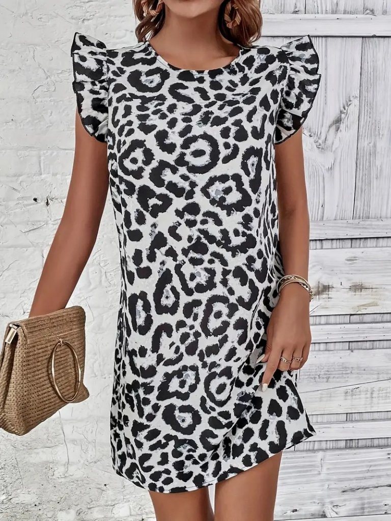 FashionWe 188443 Leopard Print Ruffle-Sleeve Mini Dress