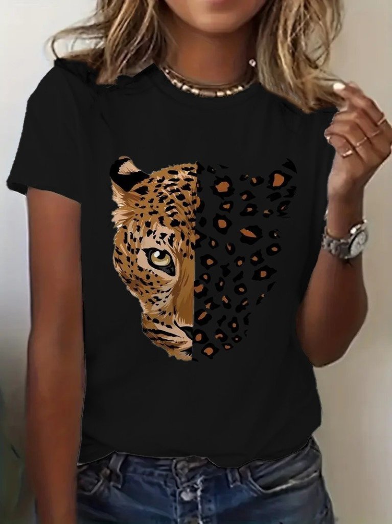 FashionWe 169536 Women's Leopard Print Short-Sleeve T-Shirt