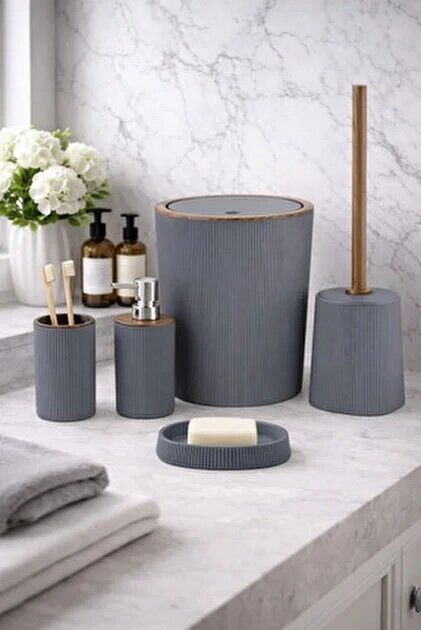 Çelik Ayna Danzel Striped 5-Piece Grey Bathroom Set with Wood Details
