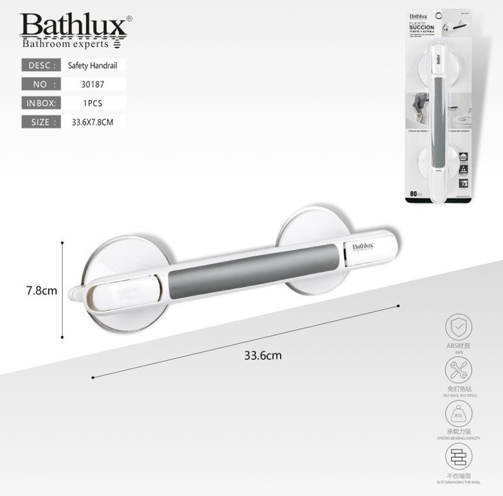 Bathlux Grey and White Suction Cup Bathroom Grab Bar