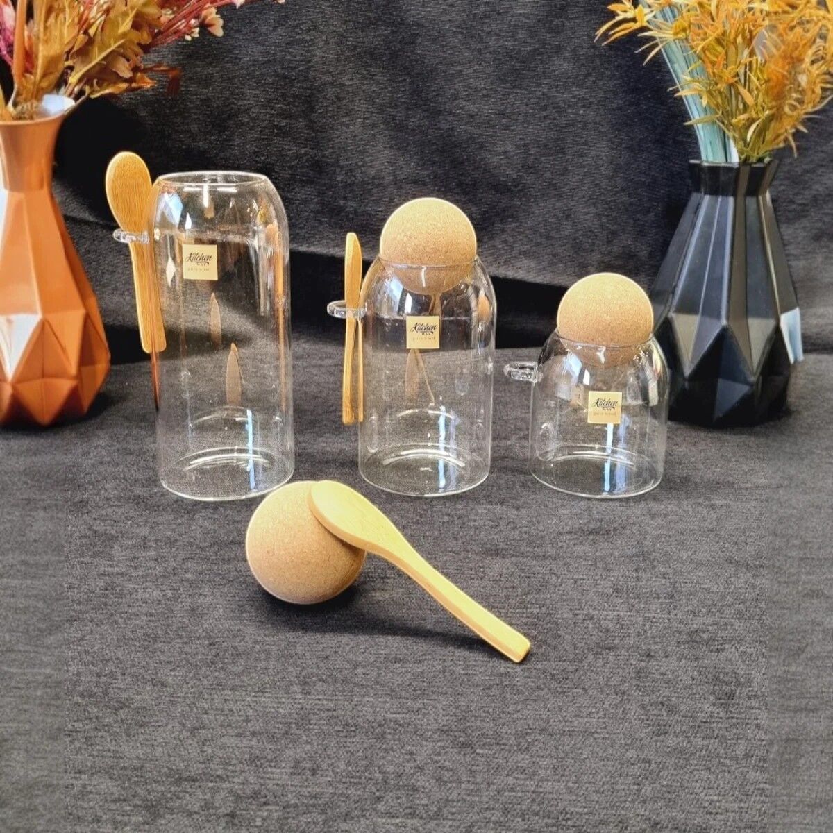 Glass Jar Set with Wooden Mushroom Lids and Spoons, 3-Piece