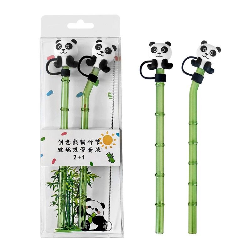 Panda-Top Bamboo Design Glass Straws, 2-Piece Set