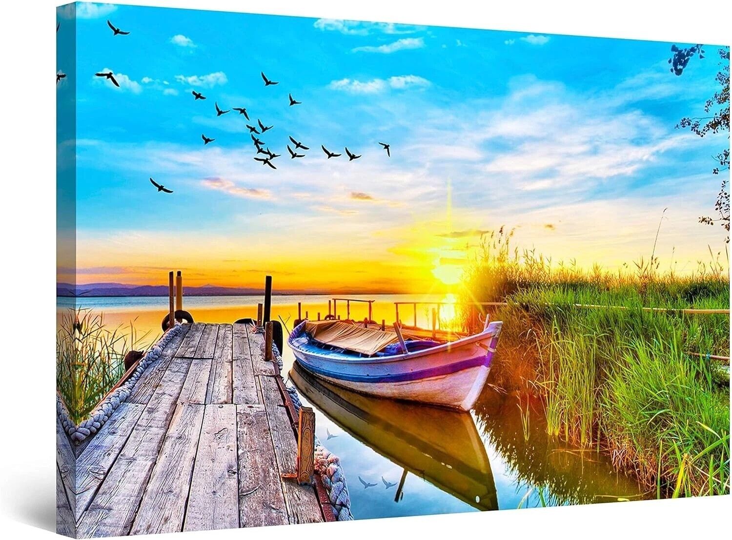 Boat, Sun and Bridge View Canvas Wall Art