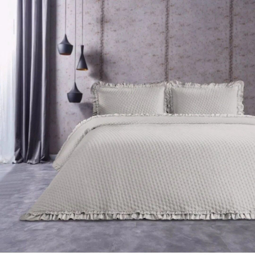 İpekçe Ruffled Natural Bedspread Set, 3 Pieces, 240×260