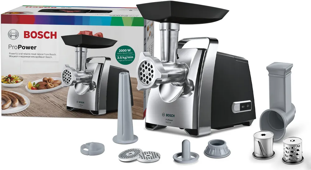 Bosch ProPower MFW67440 Meat Grinder, 2000 W, Black and Chrome