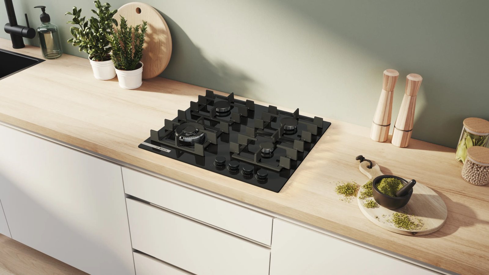 Bosch Serie 4 PNK6B6P40R 60 cm Black Glass Gas Hob