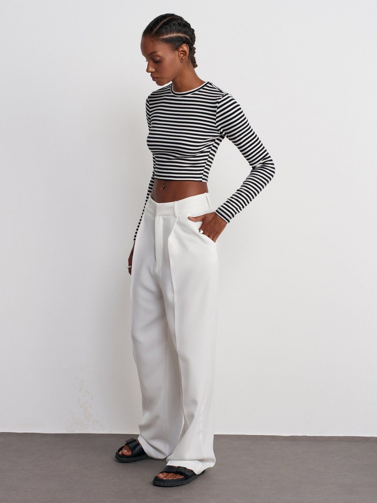 Dilvin Çizgili Uzun Kollu Crop Top