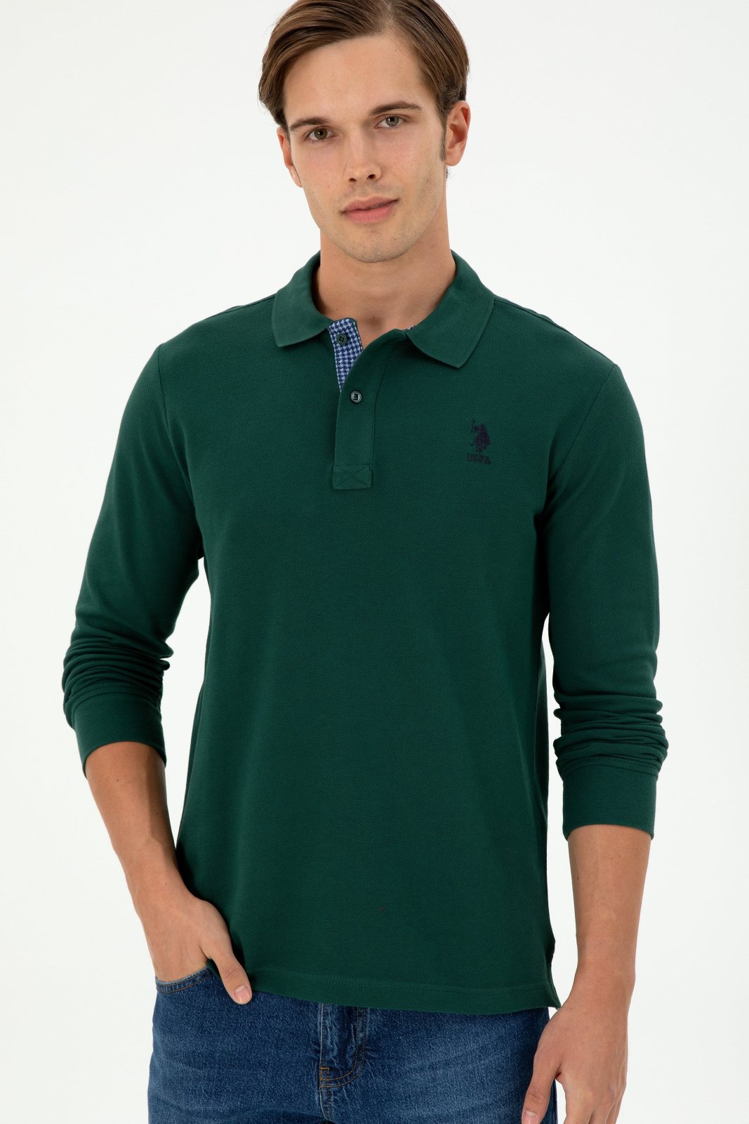 U.S. Polo Assn. Erkek Yeşil Polo Yaka Uzun Kollu Sweatshirt 4284298
