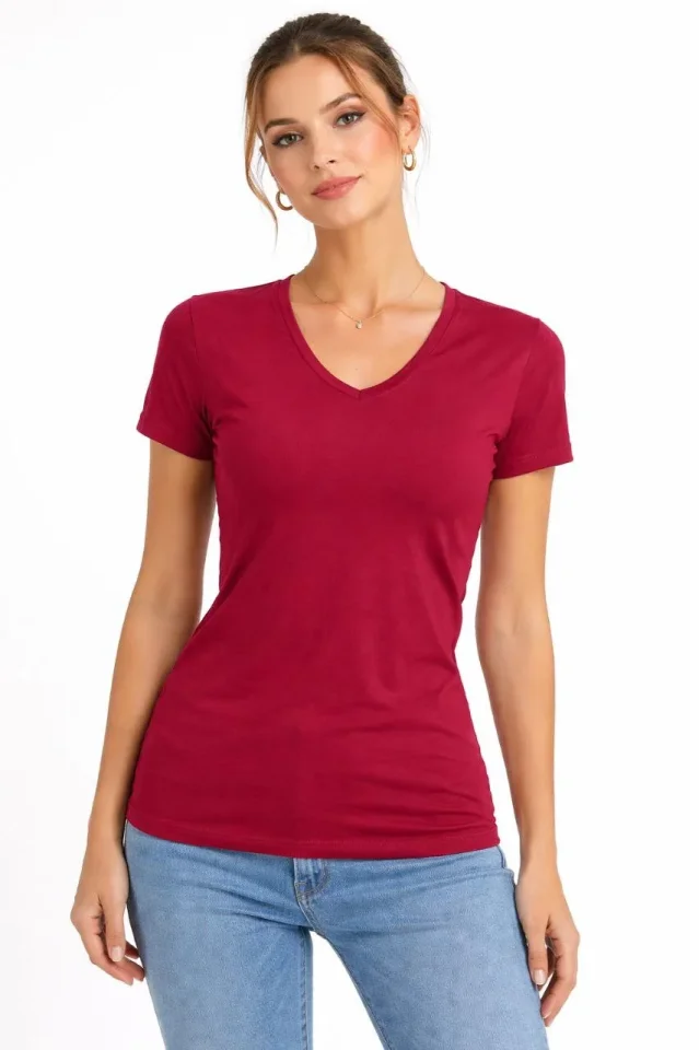 T-Shirt V Yaka Slim Fit Likralı Tişört Günlük Basic Body - Bordo