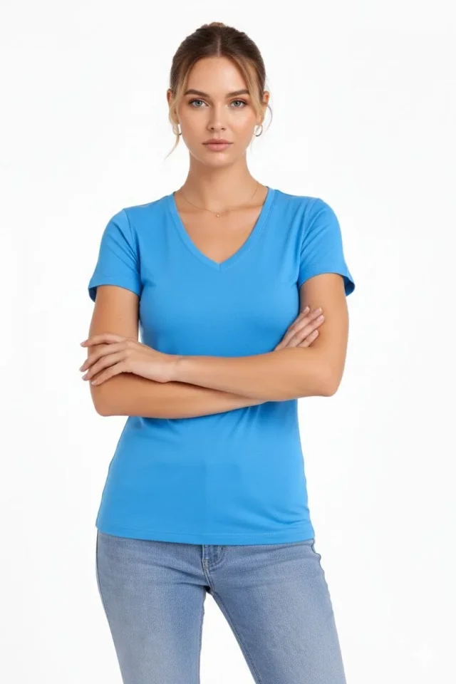 T-Shirt V Yaka Slim Fit Likralı Tişört Günlük Basic Body - Açık Mavi