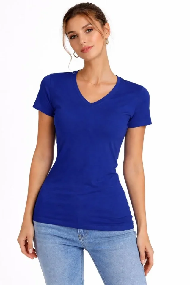 T-Shirt V Yaka Slim Fit Likralı Tişört Günlük Basic Body - İndigo