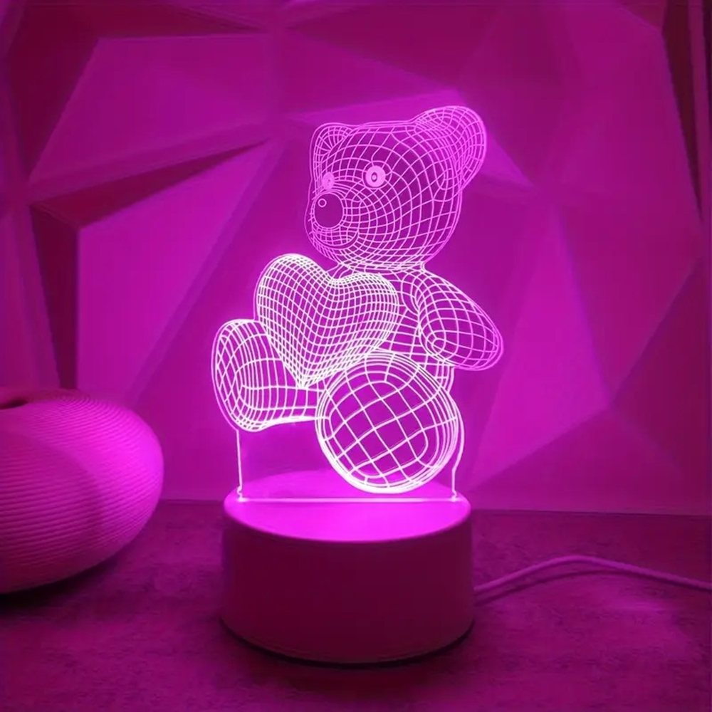 Pink Heart Bear 3D USB Night Light