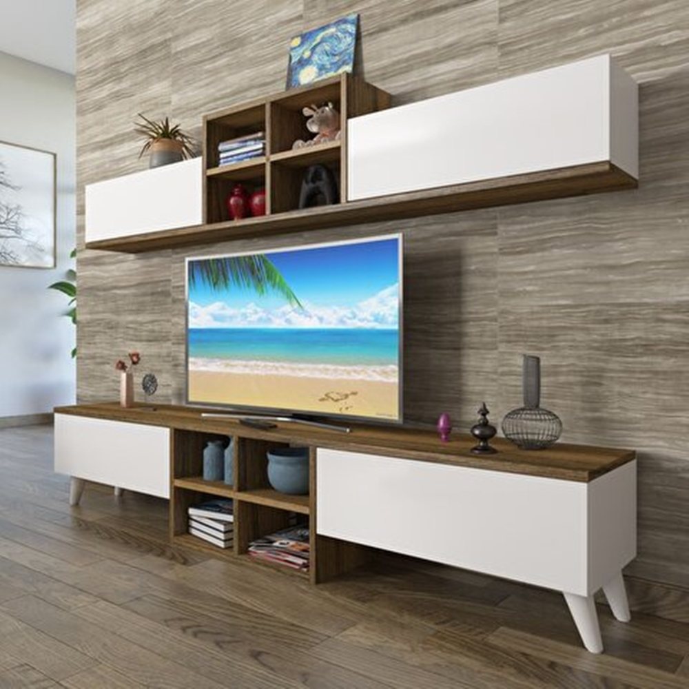 TV Ünitesi 180 cm Beyaz Kahverengi Üst ve Alt Modüllü