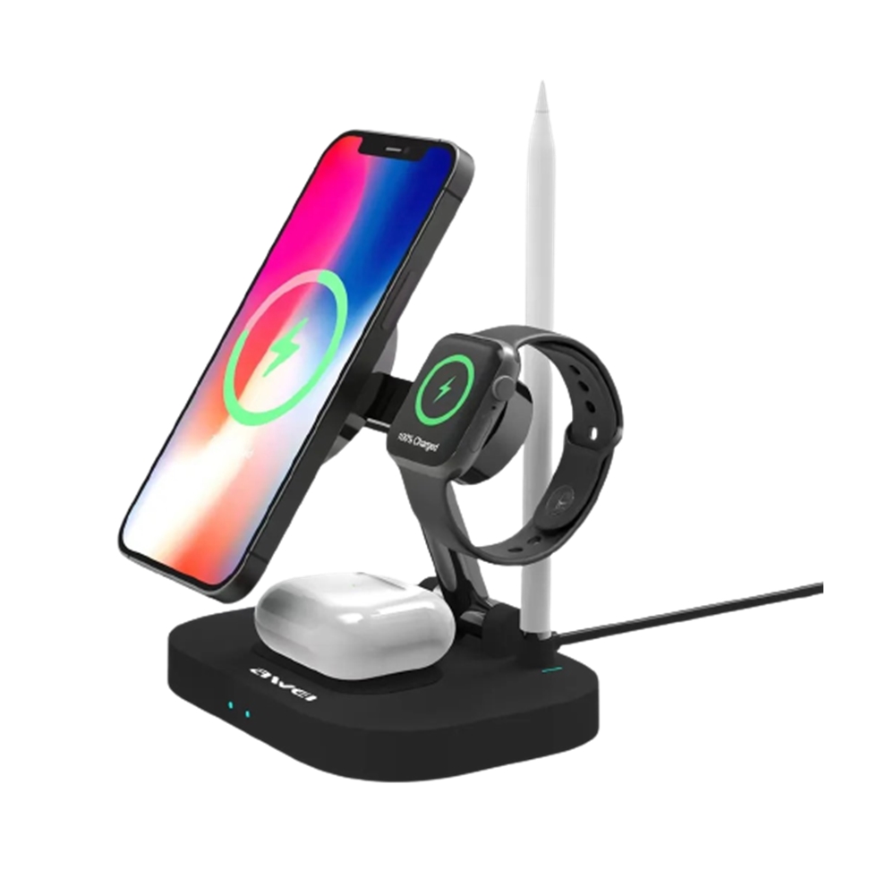 Awei W22 Foldable 4 in 1 Wireless Charger Fast Charging Station for Cellphone Smart Watch Earphones 15W Magnetic Charging Stand