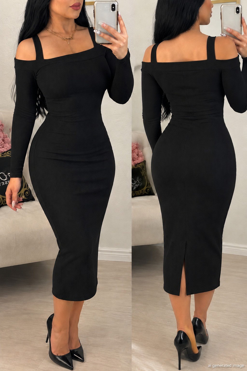 FashionWe 195566 Women's Long-Sleeve Off-Shoulder Ribbed Midi Dress
