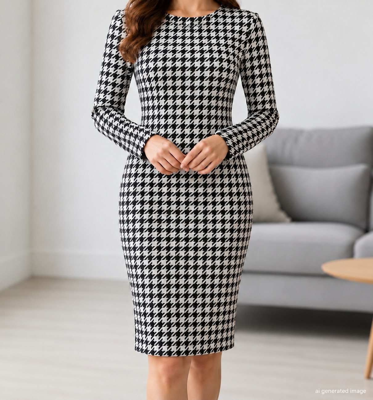 FashionWe 195562 Women's Houndstooth Long-Sleeve Dress