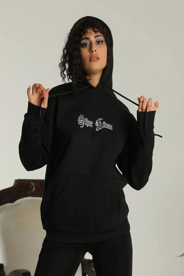 Oversize Üç İplik Kapüşonlu Sweatshirt – Siyah “Other Lives” Ön Ve Arka Baskılı, Şardonlu Kışlık, Rahat Günlük Model Siiyah