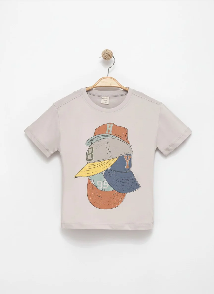 Caps Detail Cotton T-Shirt 3427-3