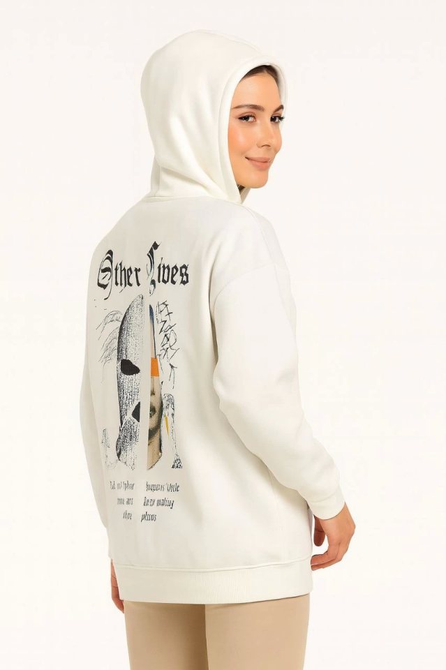 Üç İplik Kapşonlu ön Ve Arka Baskılı SweatShirt Hoodie- Beyaz