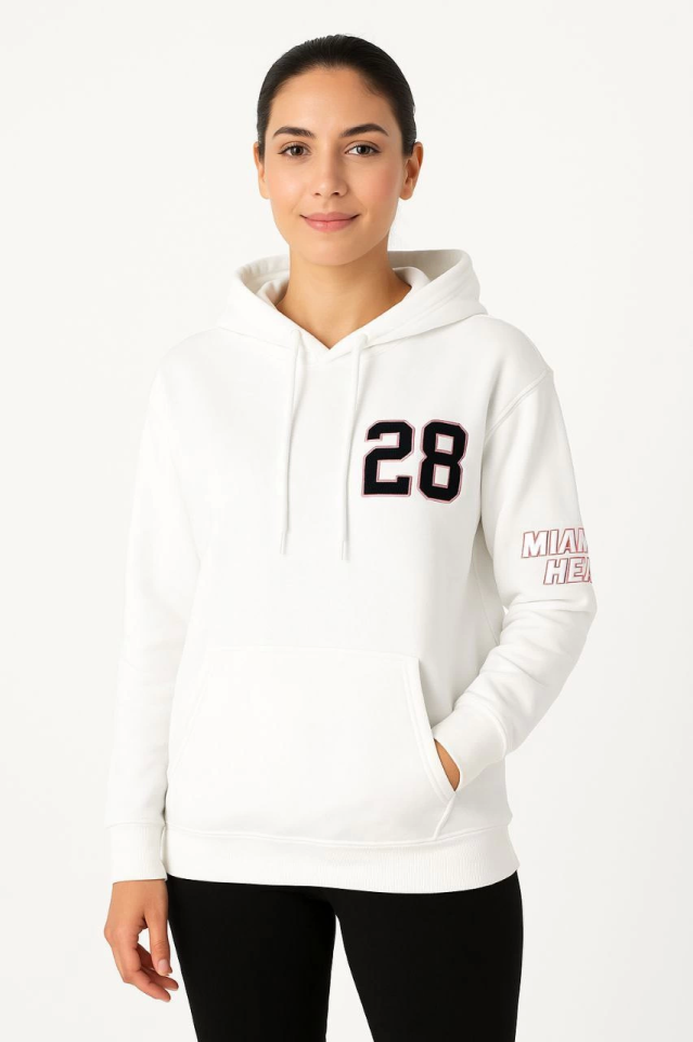 Üç İplik Kapüşonlu Ön Ve Arka Baskılı SweatShirt Hoodie - Beyaz