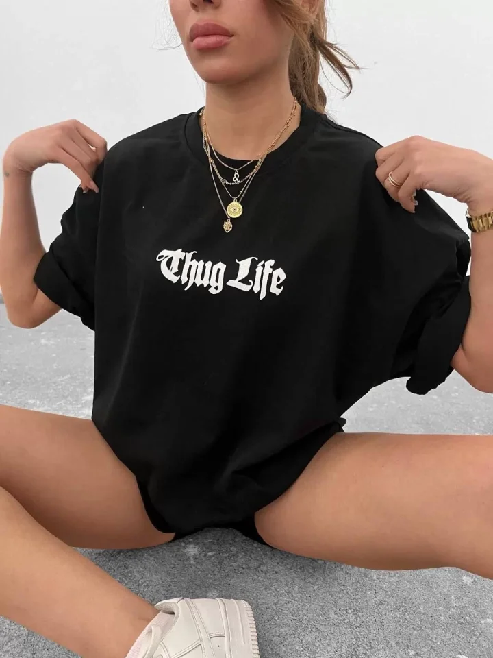 Girince 102546 Unisex Black Oversized Printed Crew Neck T-Shirt